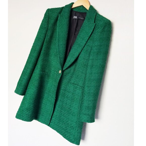 Zara Tweed Textured Long Structured Blazer in Kelly Green M Classic Preppy $149 - Picture 15 of 16